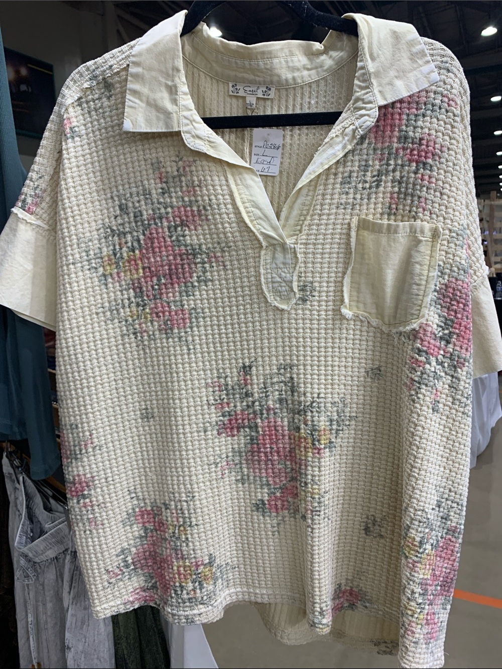 Easel Cream Waffle Knit oversized Top with Pink Floral Print